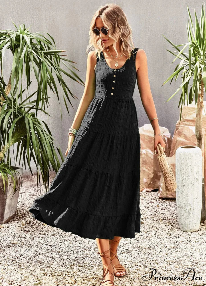 U-Neck Solid Color Dress with Strap M / orange