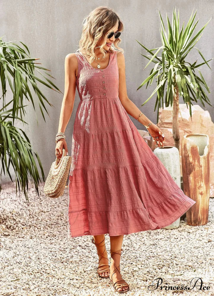 U-Neck Solid Color Dress with Strap M / pink