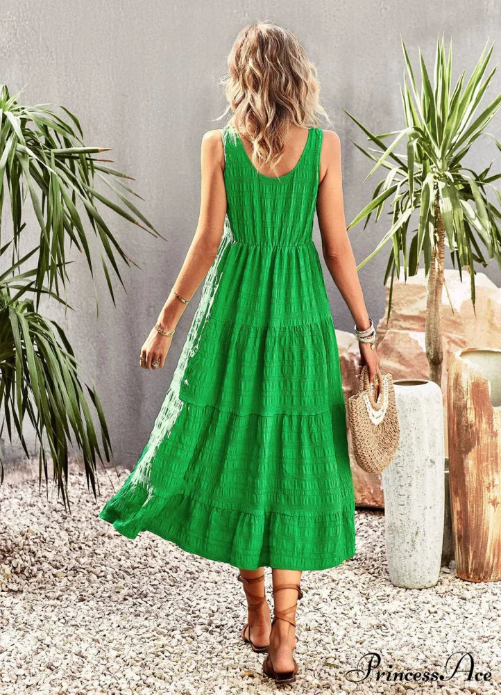 U-Neck Solid Color Dress with Strap S / blue