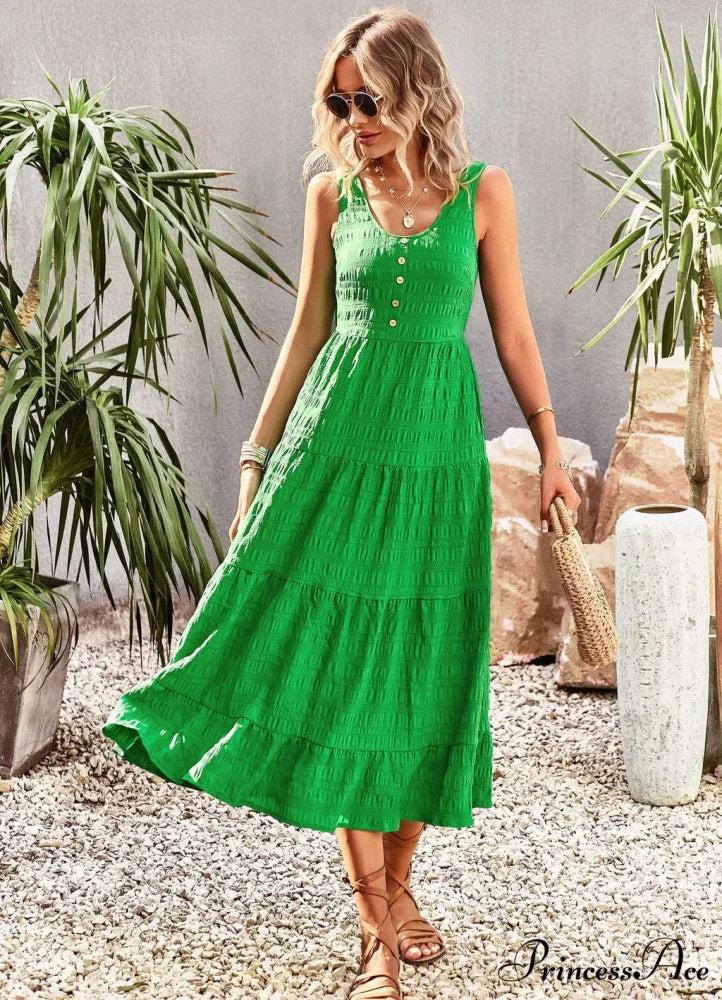 U-Neck Solid Color Dress with Strap S / orange