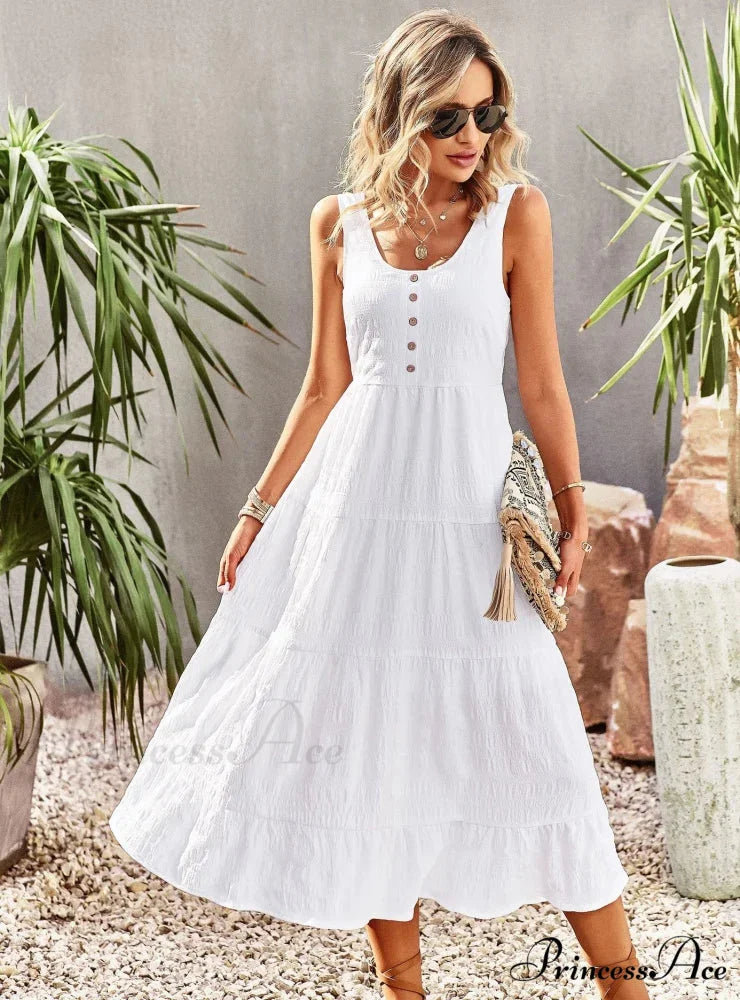 U-Neck Solid Color Dress with Strap S / white