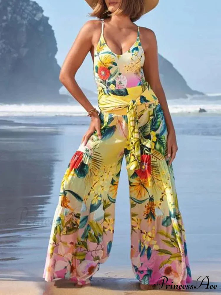 U-shaped Print Swimsuit Long Trousers One Piece color2 / S onepiece-250223