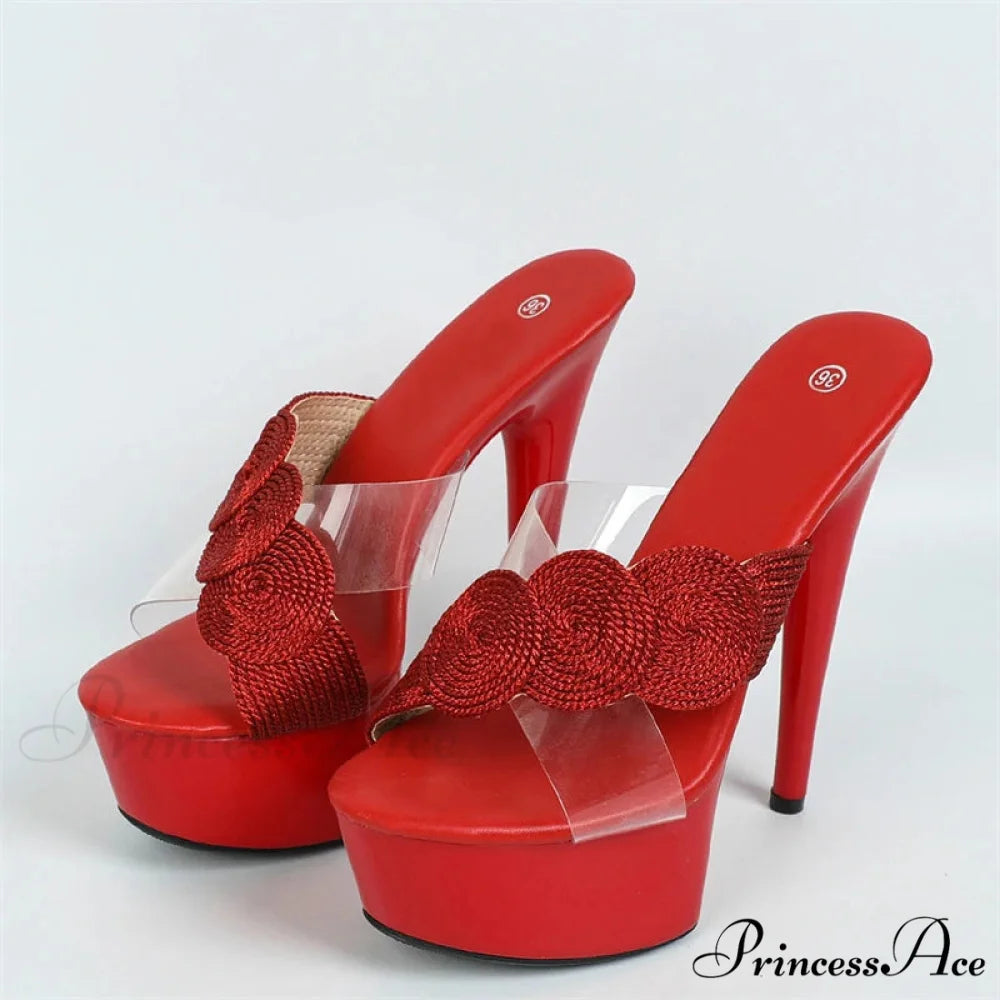 Ultra-Thin SummerFashionable Open-Toe Platform Party Club Sexy High Stripper Slipper High Heel 13CM Red / 34