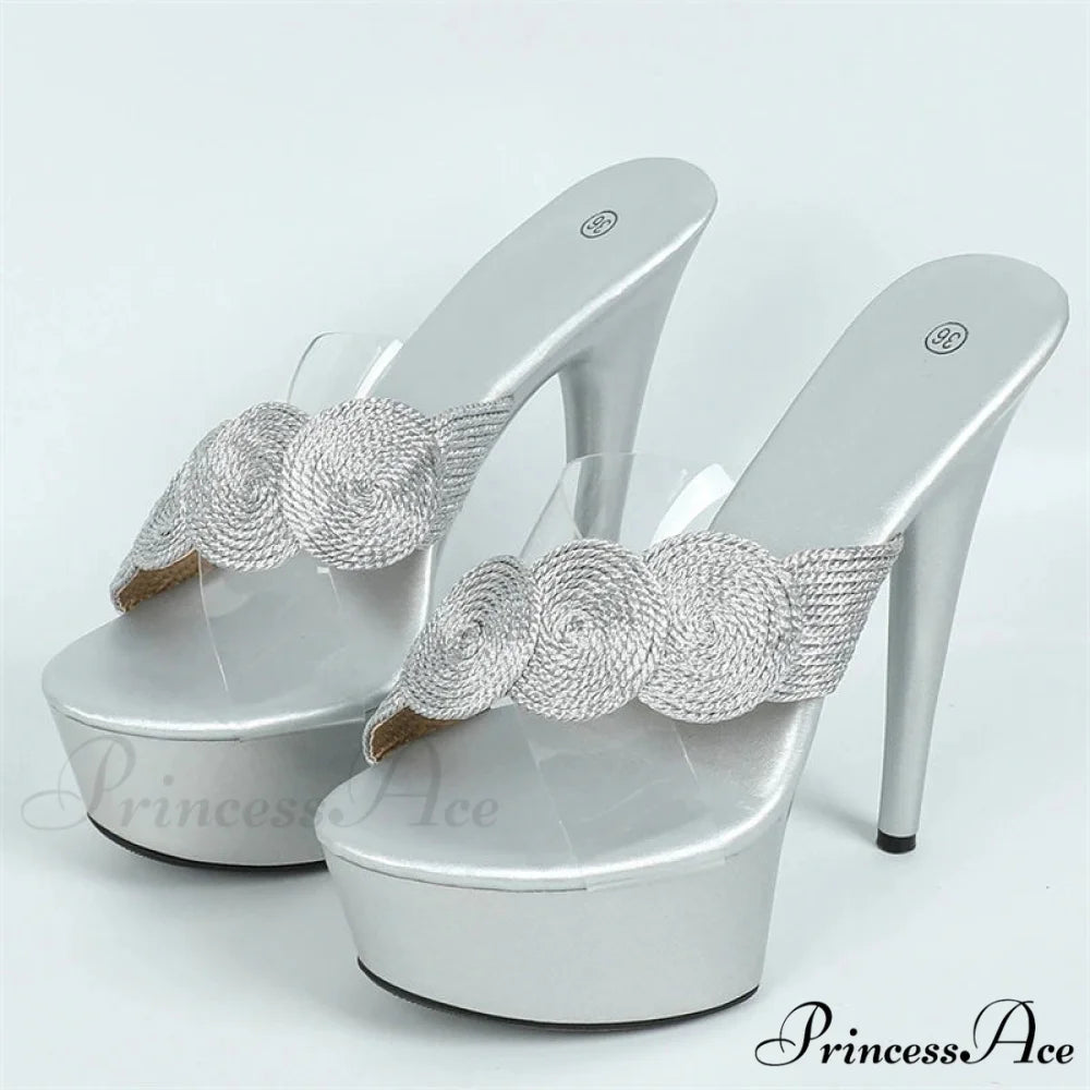 Ultra-Thin SummerFashionable Open-Toe Platform Party Club Sexy High Stripper Slipper High Heel 13CM Silver / 34
