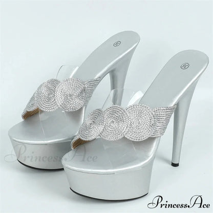 Ultra-Thin SummerFashionable Open-Toe Platform Party Club Sexy High Stripper Slipper High Heel 13CM Silver / 34