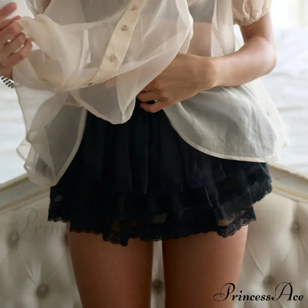 Uneven Lace Patchwork Skirt Black / S skirts-250223