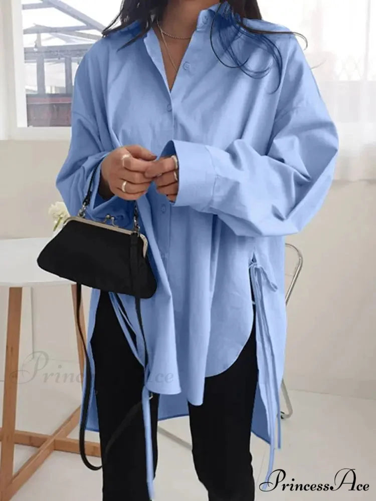 Uneven Lace-Up Button Lapel Blouse blouse-250126