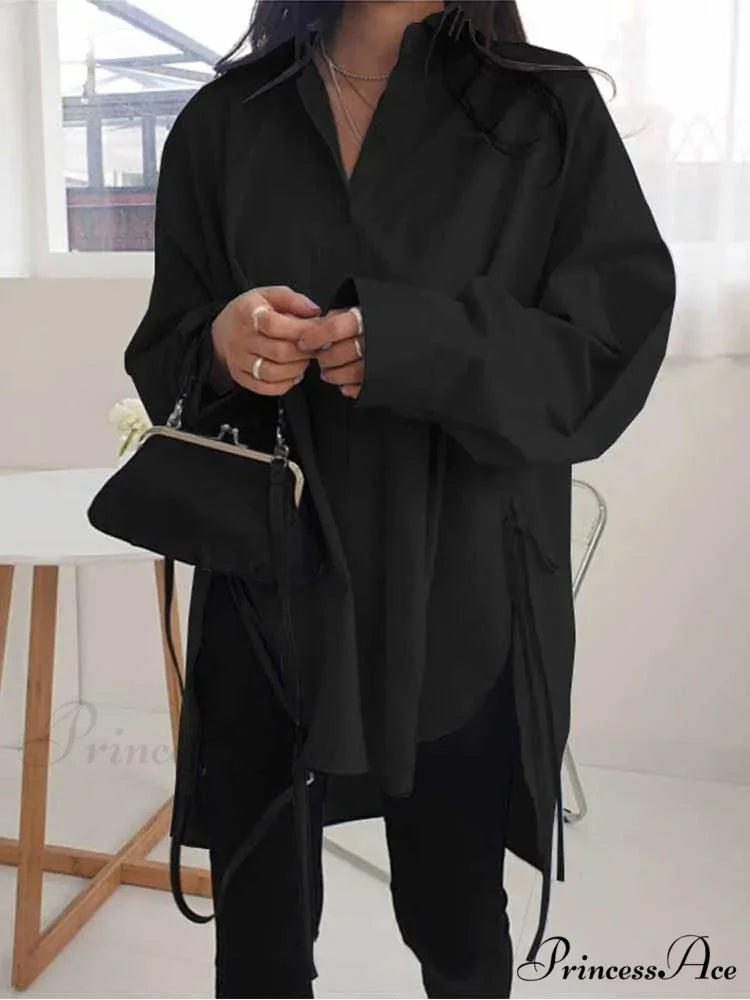 Uneven Lace-Up Button Lapel Blouse blouse-250126