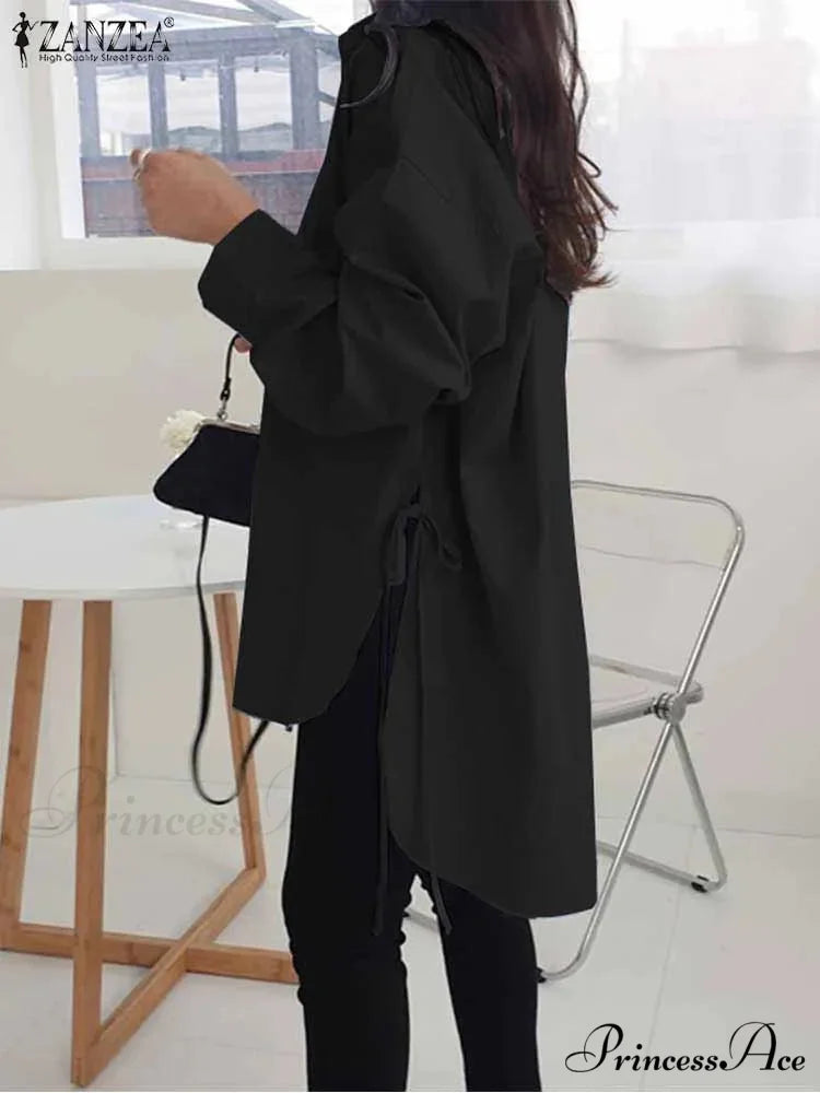 Uneven Lace-Up Button Lapel Blouse Black1 / S blouse-250126