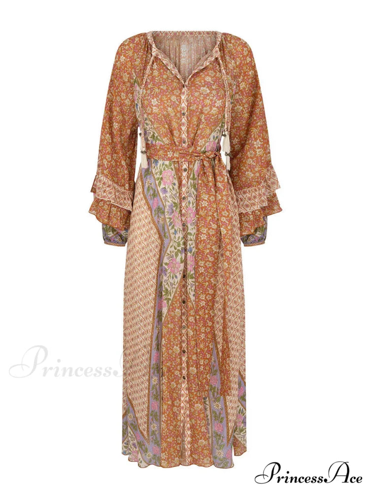 Unique Bohemian Print Long Graceful Sleeve Robe Midi Dress