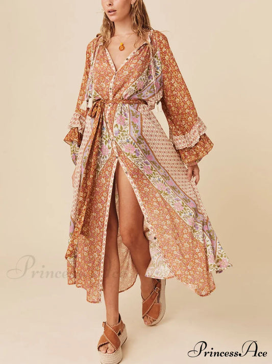 Unique Bohemian Print Long Graceful Sleeve Robe Midi Dress Multicolor / S