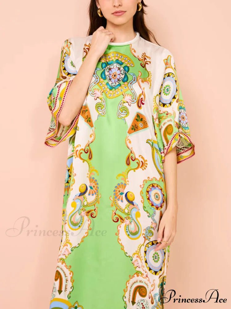 Unique Cashew Floral Charming Print Loose Midi Dress