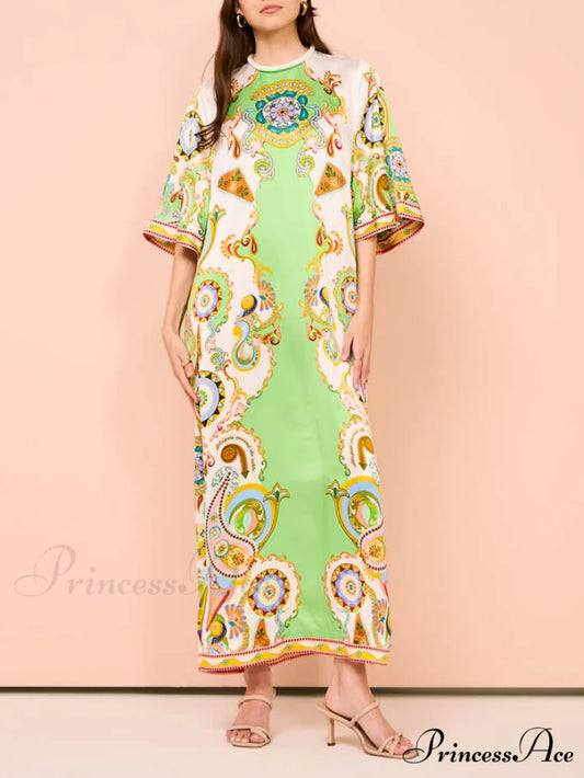 Unique Cashew Floral Charming Print Loose Midi Dress Multi-Color / S