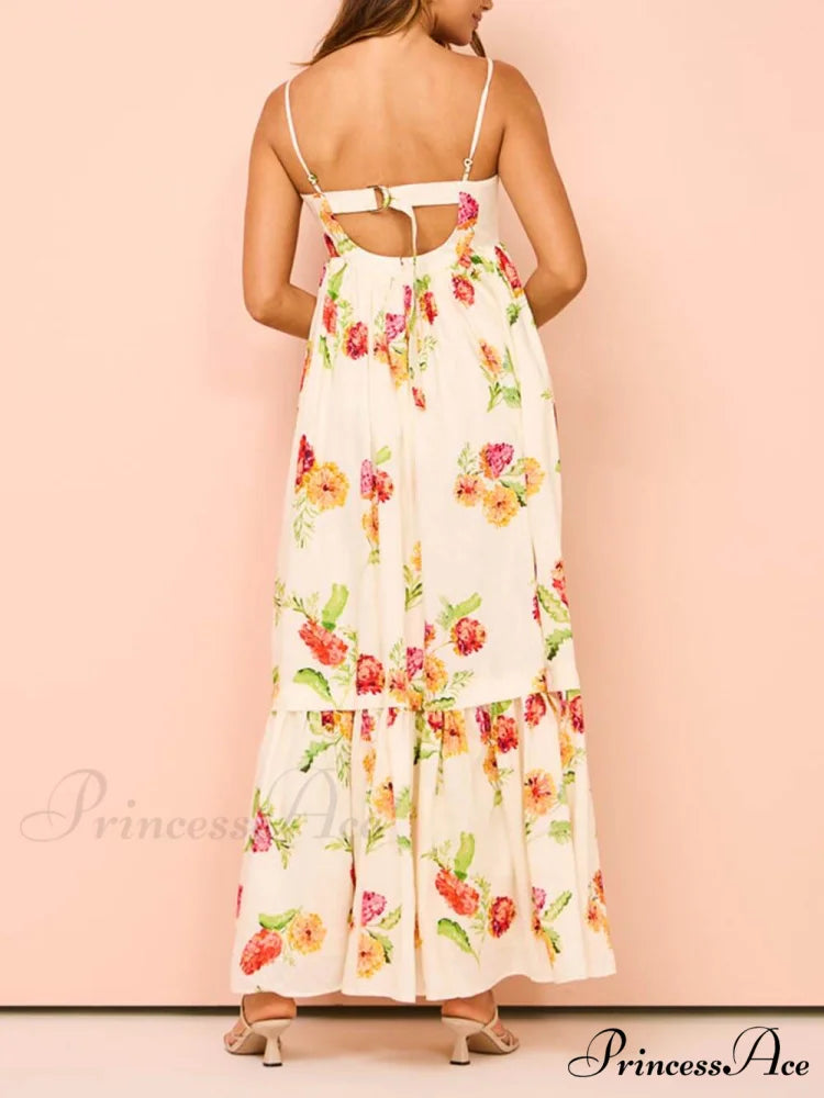 Unique Floral Print Halter Graceful Backless Extra Maxi Dress
