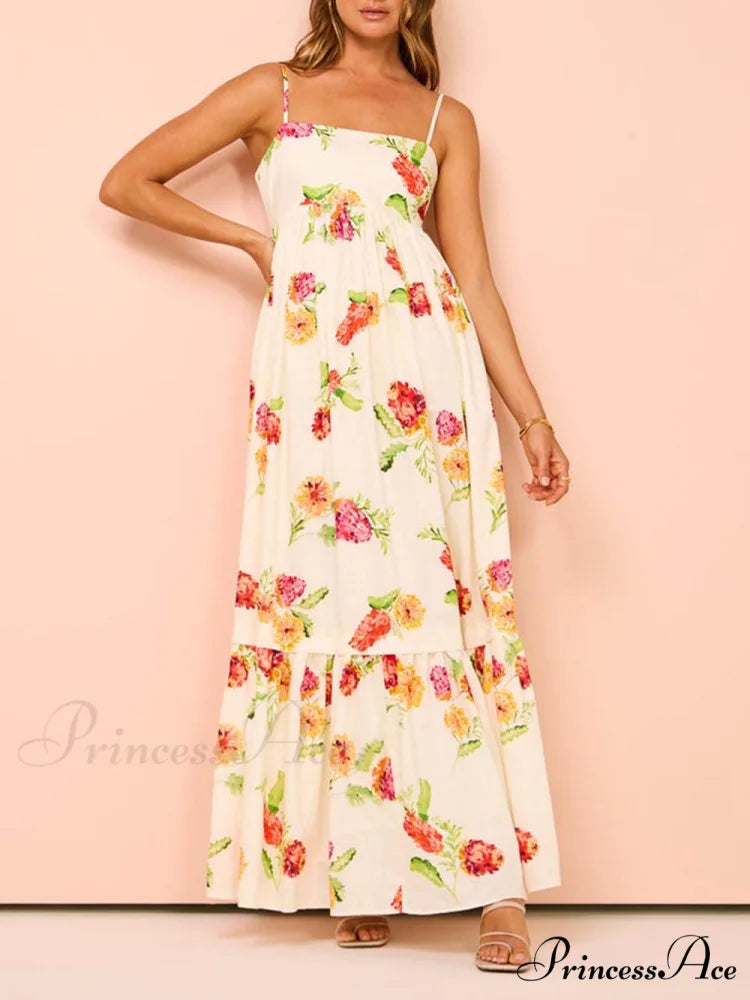 Unique Floral Print Halter Graceful Backless Extra Maxi Dress Beige / S
