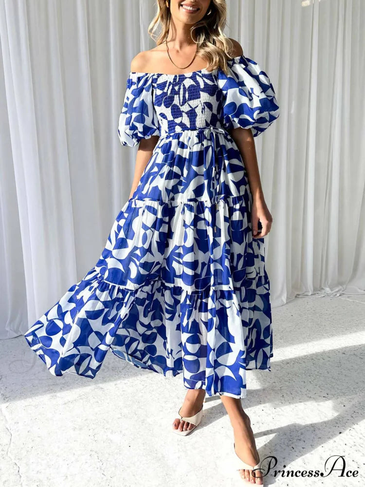 Unique Floral Print Patchwork Graceful Up Pleated Maxi Dress Dark Bule / S