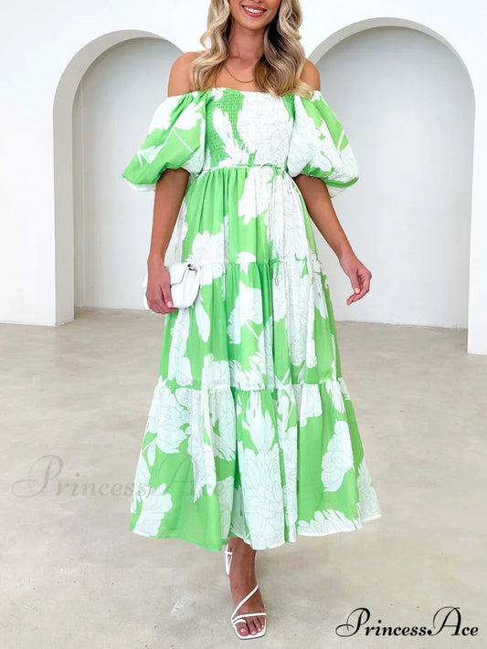 Unique Floral Print Patchwork Graceful Up Pleated Maxi Dress Green / S