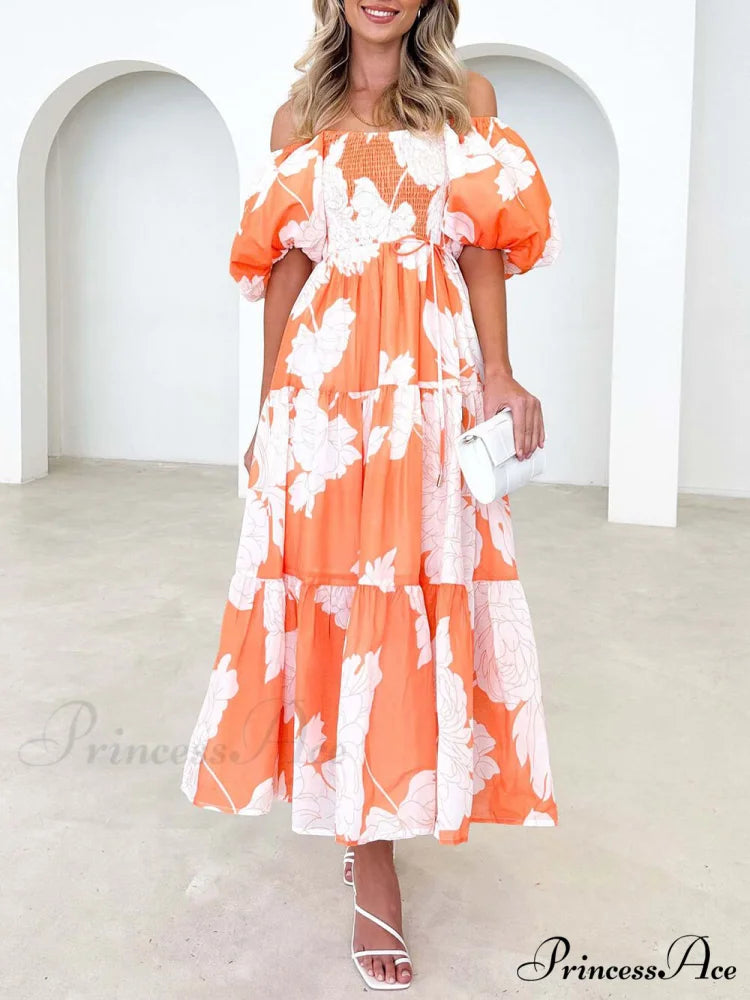 Unique Floral Print Patchwork Graceful Up Pleated Maxi Dress Orange / S