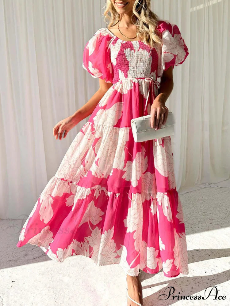 Unique Floral Print Patchwork Graceful Up Pleated Maxi Dress Pink / S