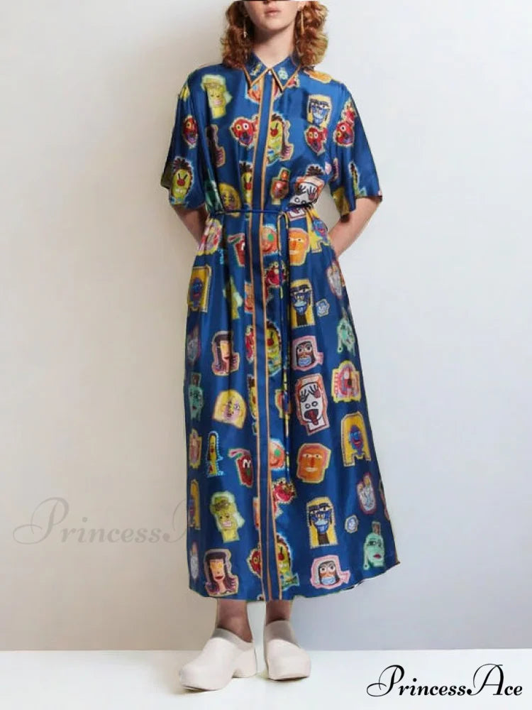 Unique Graffiti Fun Charming Print Midi Dress Royal blue / S