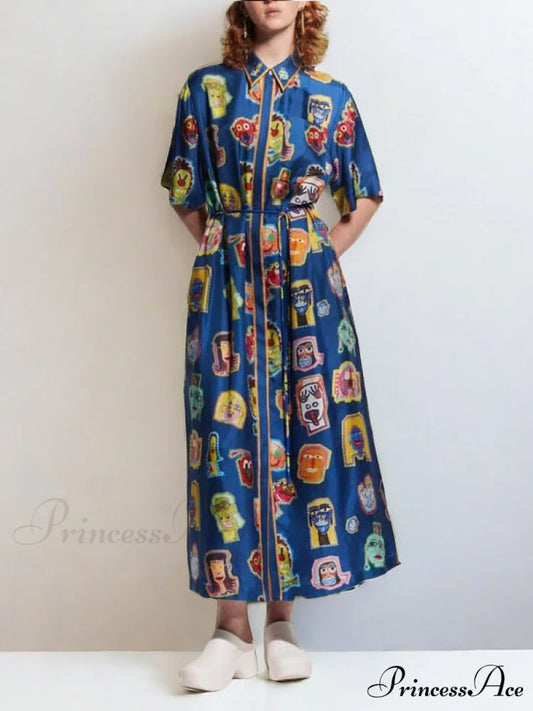 Unique Graffiti Fun Charming Print Midi Dress Royal blue / S