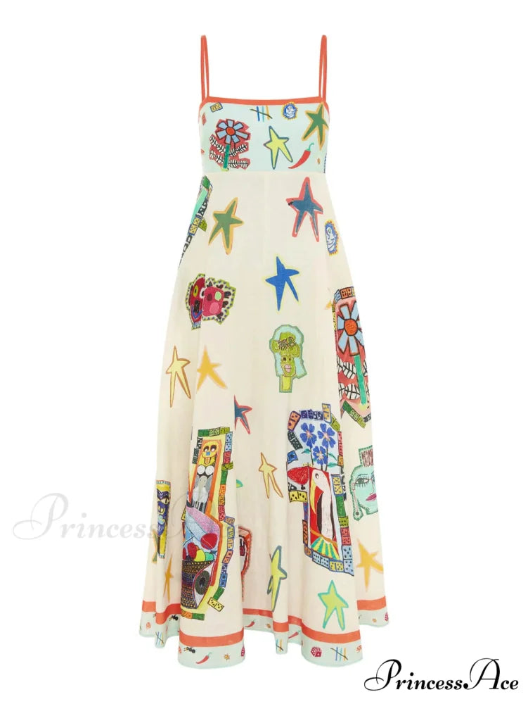 Unique Graffiti Print Suspenders Graceful Long Swing Midi Dress