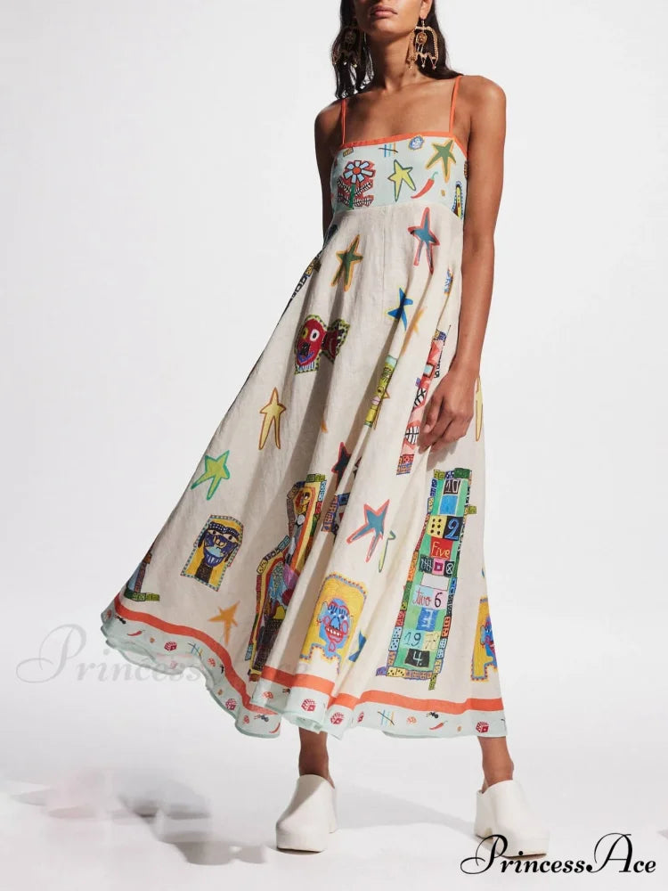 Unique Graffiti Print Suspenders Graceful Long Swing Midi Dress White / S