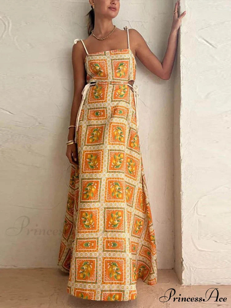 Unique Lemon Stylish Print Strappy Dress Yellow / S