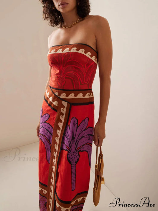 Unique Palm Tree Charming Floral Off-Shoulder Midi Dress