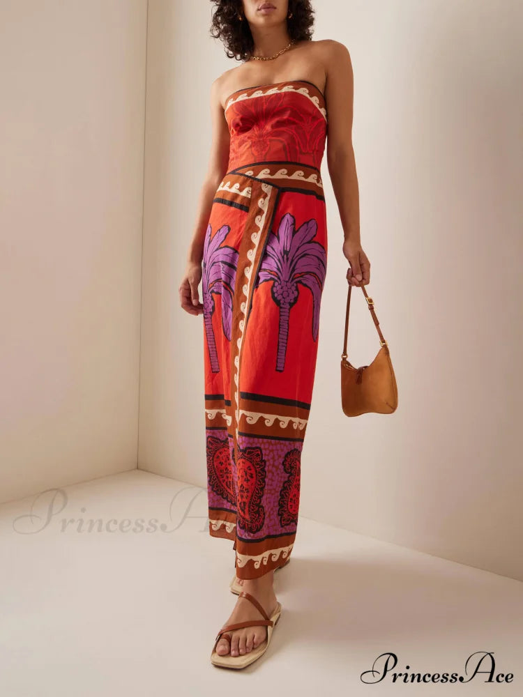 Unique Palm Tree Charming Floral Off-Shoulder Midi Dress Multi-Color / S