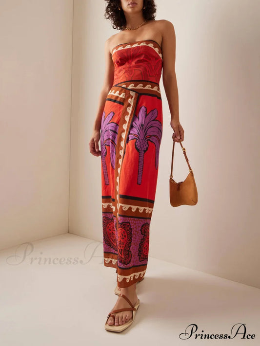 Unique Palm Tree Charming Floral Off-Shoulder Midi Dress Multi-Color / S