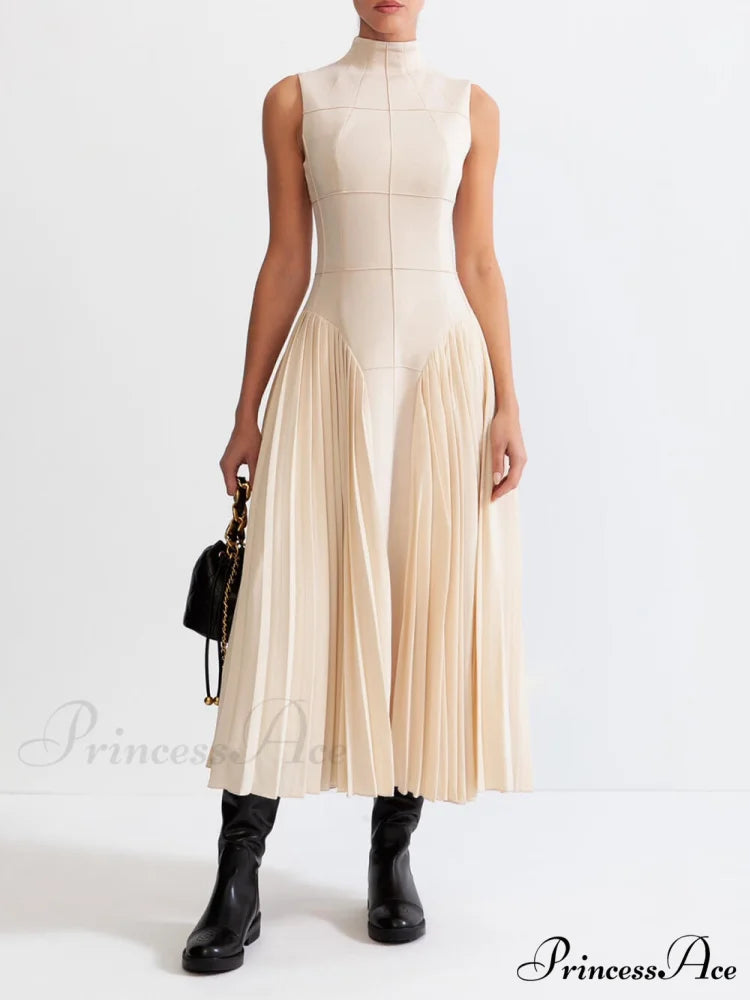 Unique Pleated Paneled Charming Sleeveless Midi Dress Nude / S