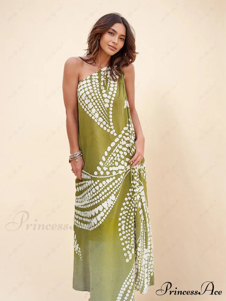 Unique Polka Dot Print Graceful One Shoulder Pocketed Maxi Dress