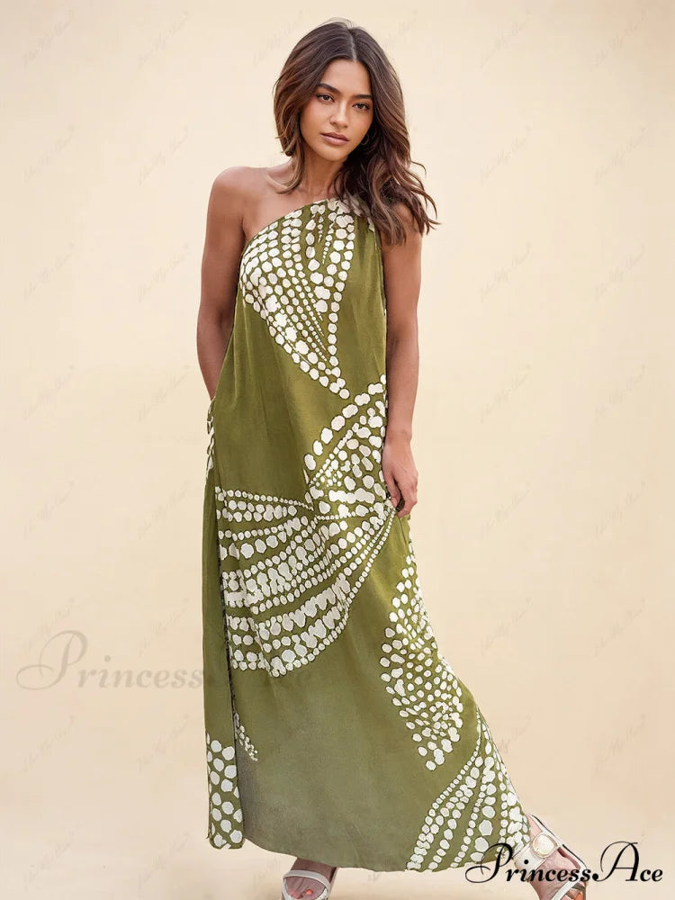 Unique Polka Dot Print Graceful One Shoulder Pocketed Maxi Dress Green / S