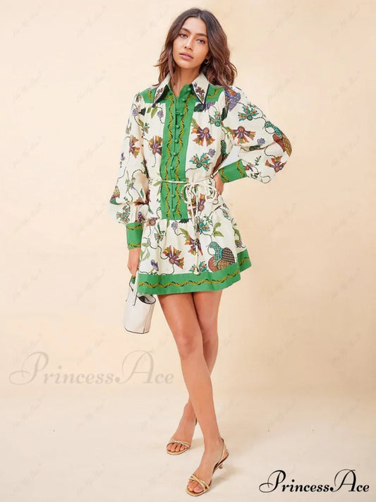 Unique Print Color Match Graceful Balloon Sleeve Shirt Mini Dress