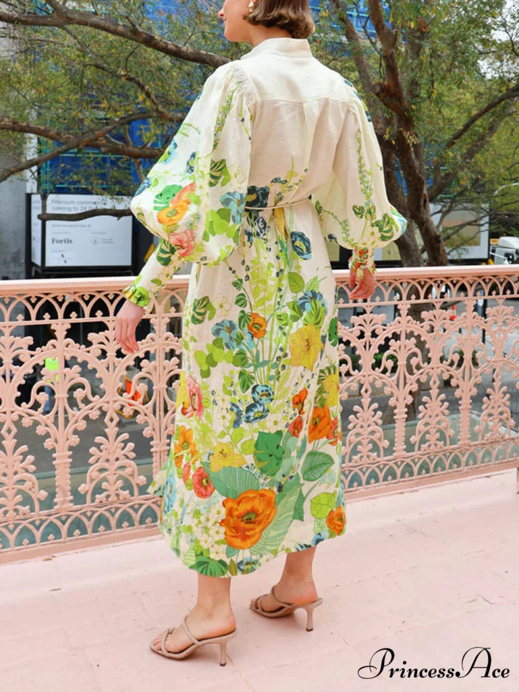 Unique Print Lantern Sleeve Graceful Cream Cardigan Style Shirt Dress