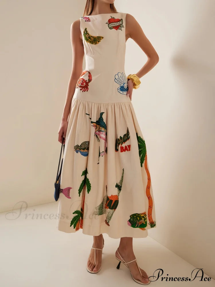 Unique Print Stylish Ocean Midi Dress Apricot / S