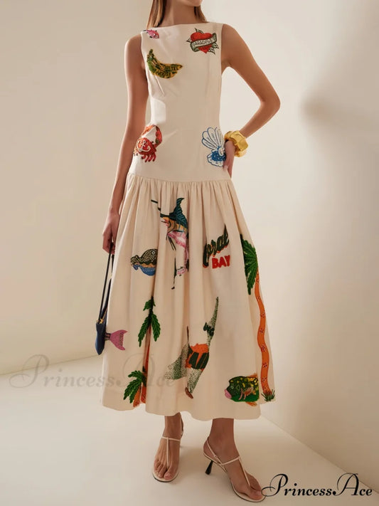 Unique Print Stylish Ocean Midi Dress Apricot / S