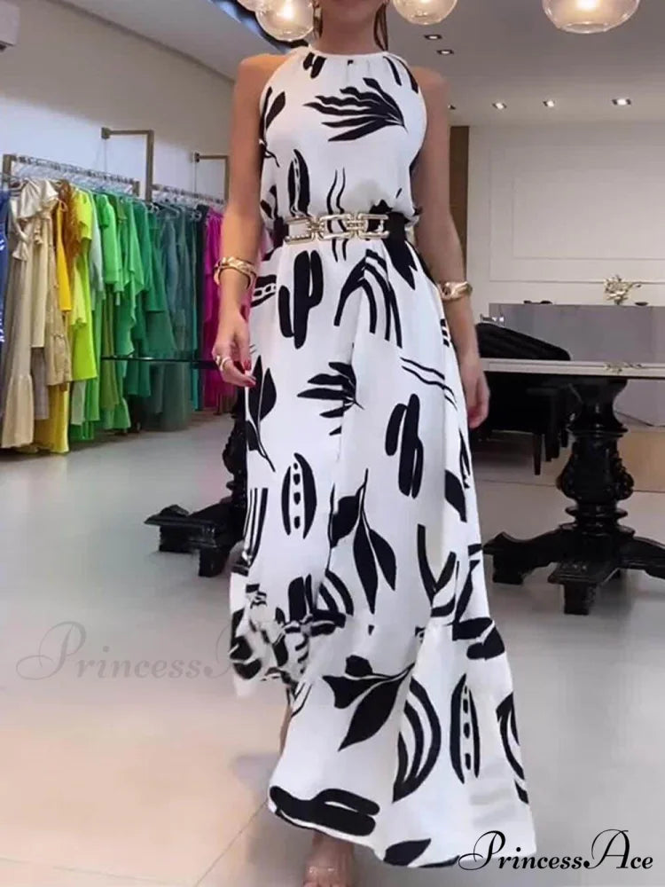 Unique Print Tie-up Neckline Graceful Loose Cocktails Maxi Dress White / S