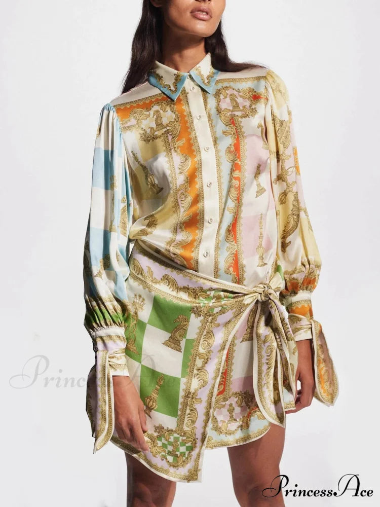 Unique Printed Irregular Charming Knotted Mini Dress Multicolor / S