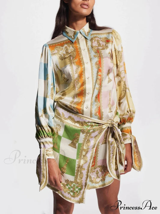 Unique Printed Irregular Charming Knotted Mini Dress Multicolor / S