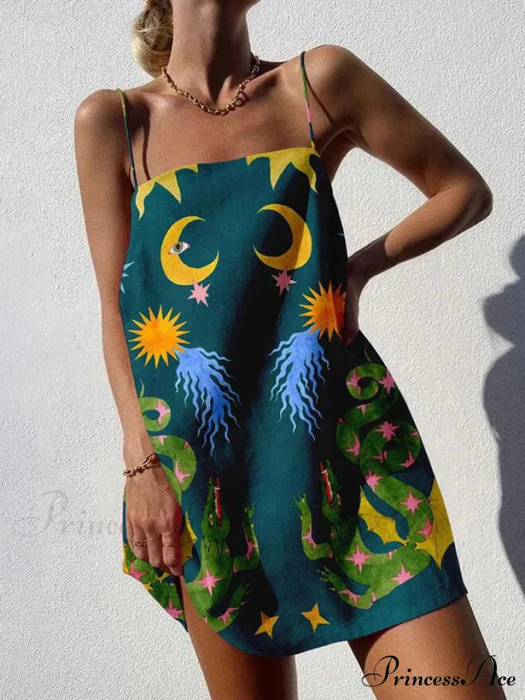 Unique Printed Spaghetti Charming Strap Backless Mini Dress Dark Green / S