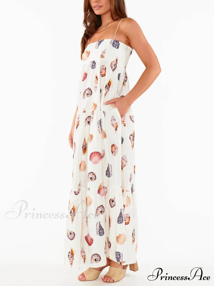 Unique Shell Conch Print Graceful Pleated Pockets Lightweight Maxi Dress