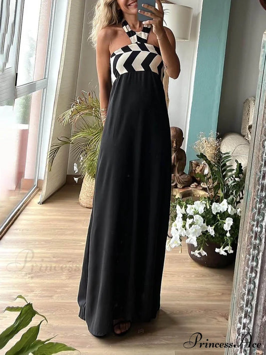 Unique Striped Print Charming Loose Halterneck Maxi Dress Black / S