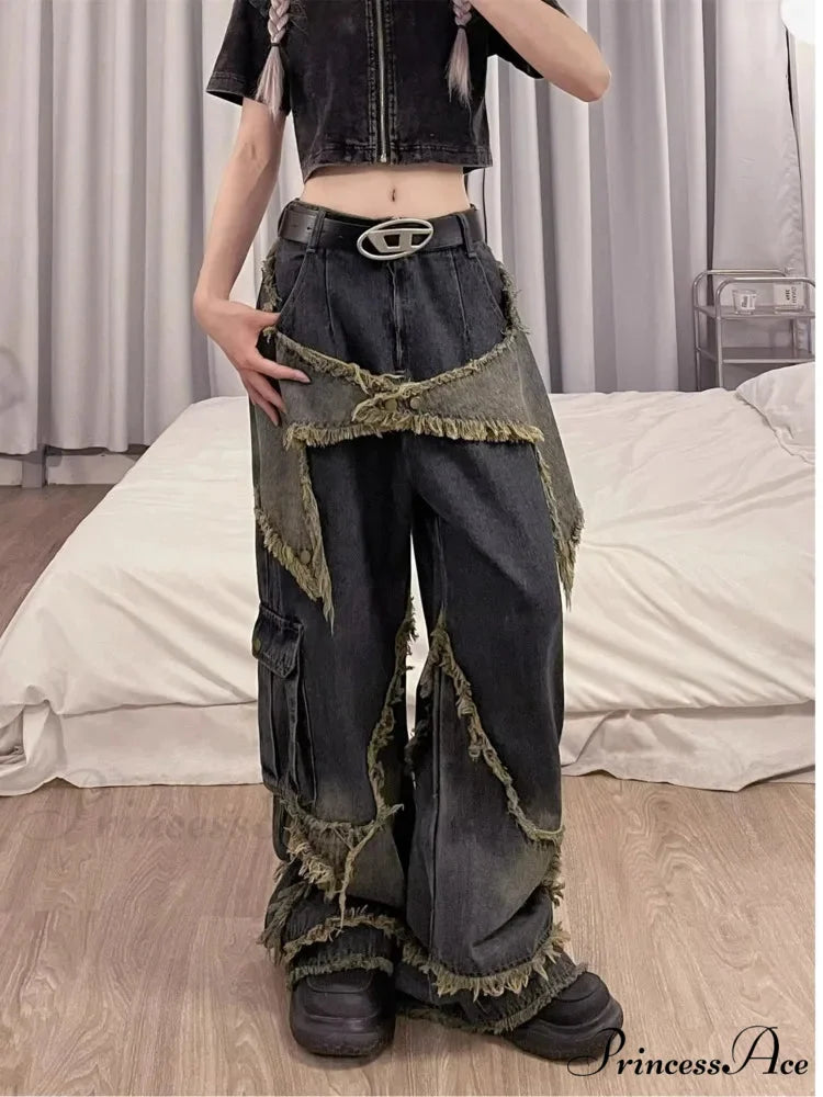 Unique Versatile Straight Leg High Waist Summer Loose Wide Leg Vintage Style Women’s Jean Retro Blue / S