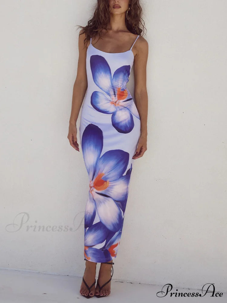 Unique Violet Floral Charming Print Strap Midi Dress Purple / S