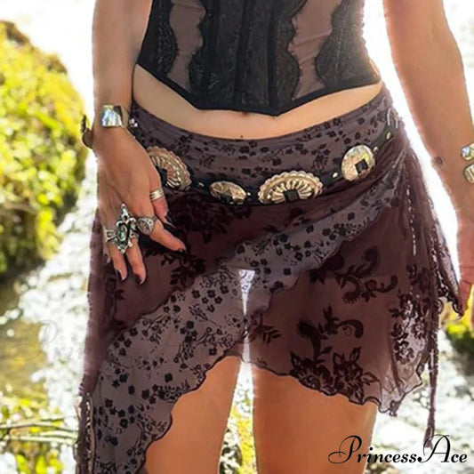 Unpredictable Printed Mesh Shirring Skirt Grunge Enchanted Skirt skirt-250126