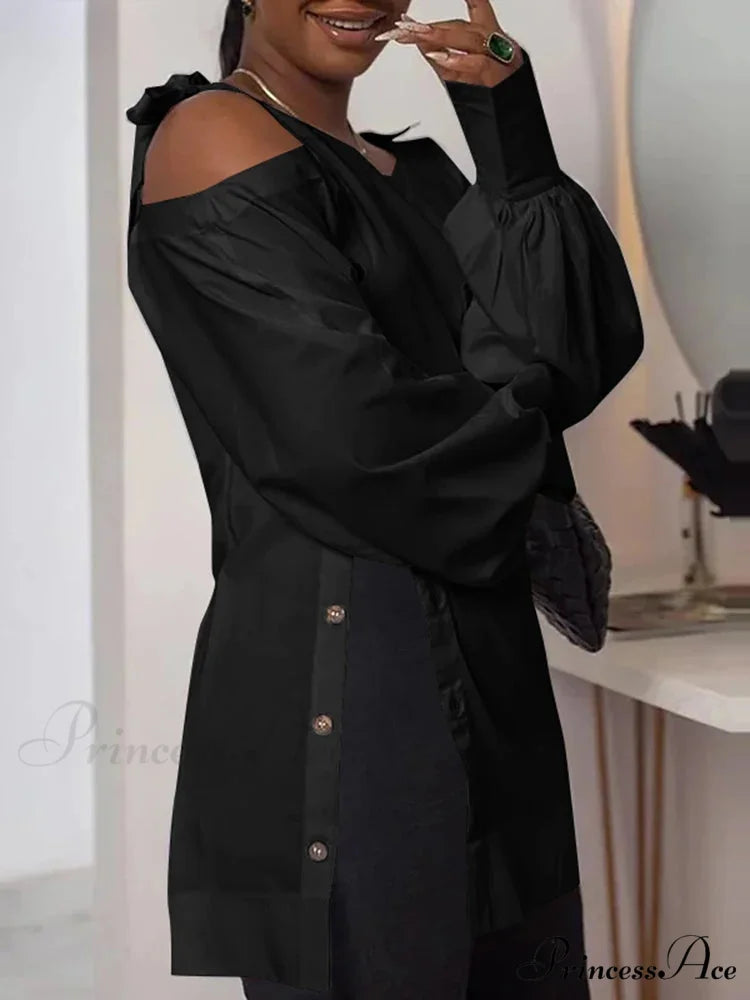 Unpredictable Solid Extended Sleeve Off-Shoulder Top Black / S blouse-250126