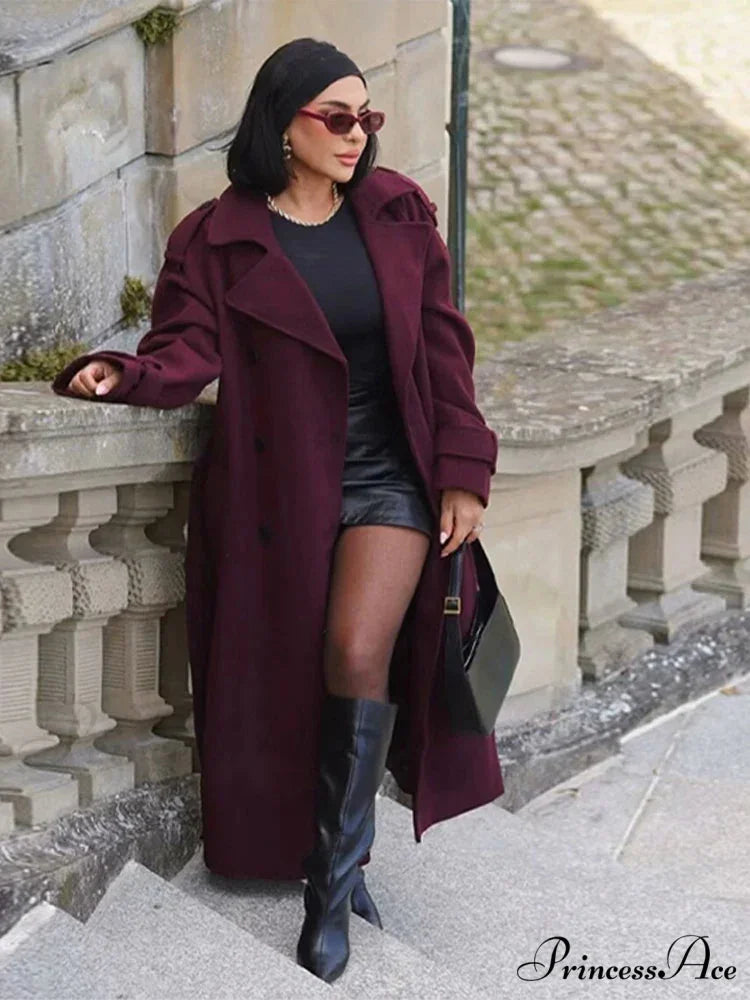 Urban Reddish Woolen Belted Overcoat dark red / XS overcoats-241228