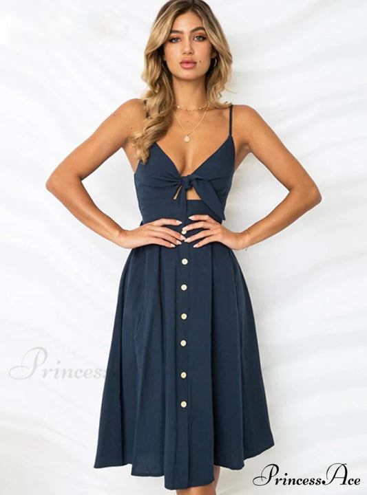 V Backless Midi Length Tunic Beach Dress S / Blue